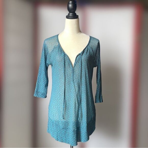 Anthropologie Weston Wear Blue & Grey Geometric Sheer Blouse (Small) - Picture 1 of 9